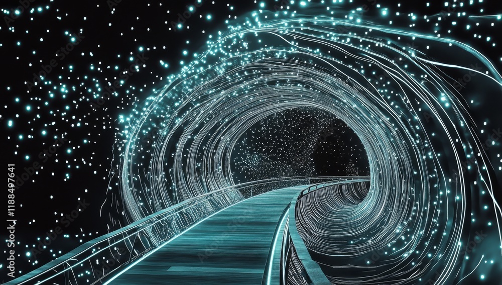 Poster glowing teal tunnel pathway leading into a vortex of light particles.