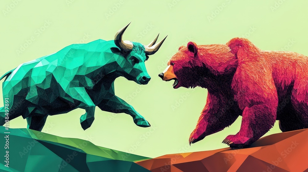 Poster colorful bull and bear facing off in a dynamic display of strength and power