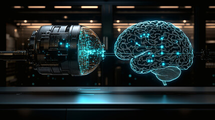 Cybernetic Brain: A stylized, futuristic concept of a human brain connected to a complex machine, representing the convergence of technology and human intellect.  