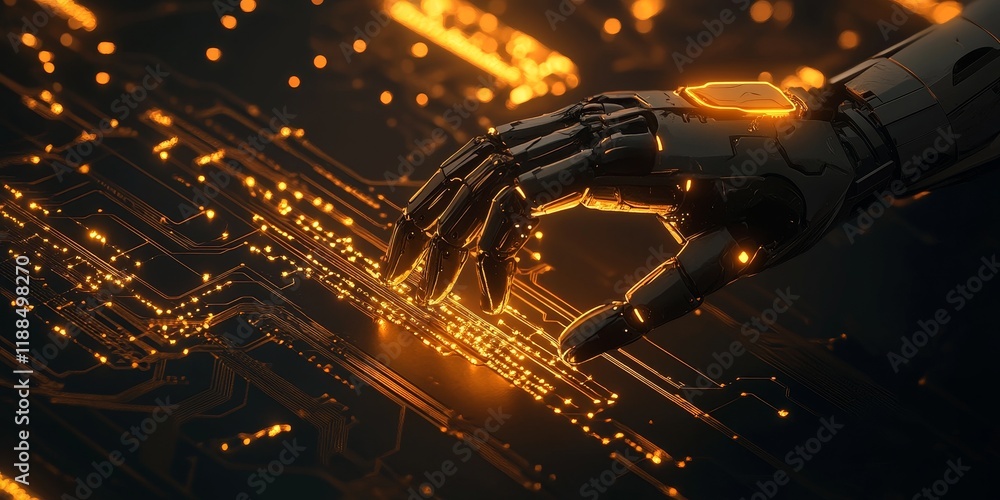 Poster robotic hand interacting with glowing circuit board. (1)