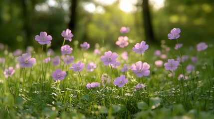 Obraz premium Purple wildflowers blooming in sunny forest meadow.