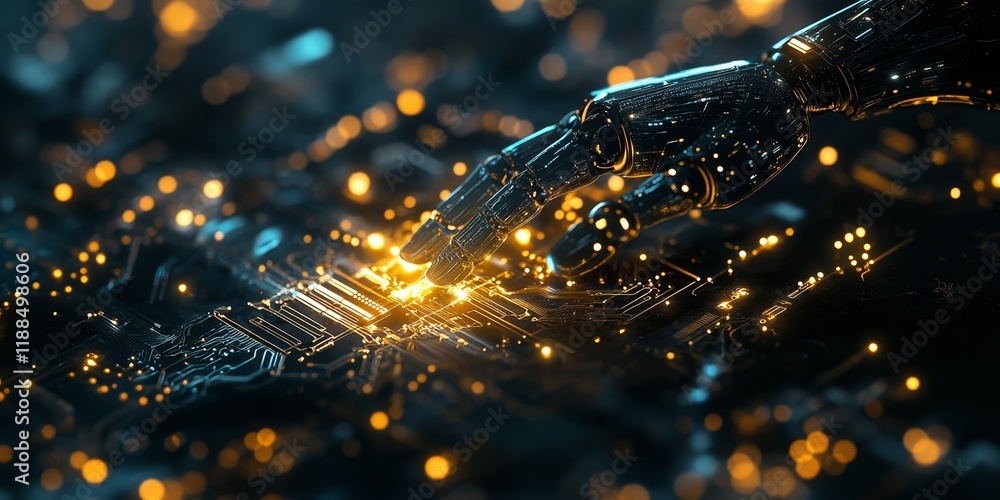 Aufkleber robotic hand interacting with glowing circuit board. (5)
