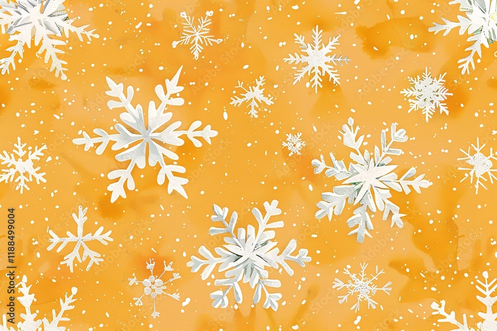 Poster golden snowflakes are displayed in close-up on a yellow background that is studio-clean with enough 