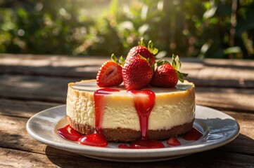 A luscious round cheesecake topped with strawberries, glowing under the sunlight on a rustic wooden table outdoors.