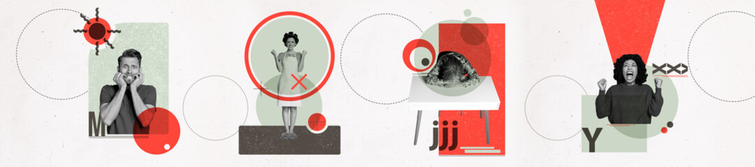 Poster image panoramic photo collage of depressed girls guy panic bite fingers mental trauma...