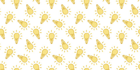 Hand drawn yellow light bulb cute pattern for kids  on white background.