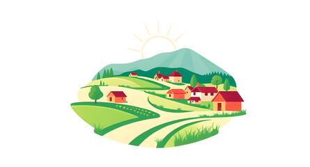 landscape with green field and sky ,''nature landscape'' , ''nature'' , ''grass field'' , ''village'' , ''village home'' , natural background illustration
