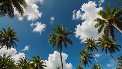 Fototapeta premium Green palm trees against blue sky and white clouds. Tropical jungle forest with bright blue sky, panoramic nature banner. Idyllic natural landscape, looking up, low point of view. Summer traveling