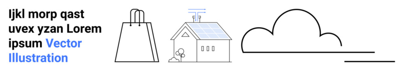 House with solar panels and satellite dish, shopping bag, cloud, and Lorem Ipsum text in a linear style. Ideal for sustainability, technology, e-commerce, communication, renewable energy home