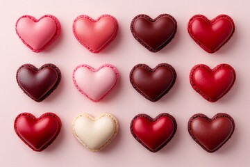 Fototapeta premium A flat lay of heart-shaped macarons in various shadeson red and pink tones 