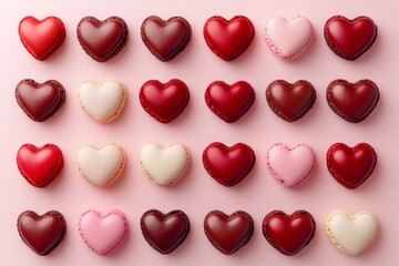 Fototapeta premium A flat lay of heart-shaped macarons in various shadeson red and pink tones 