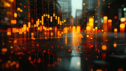 Futuristic city street reflecting financial data overlay.
