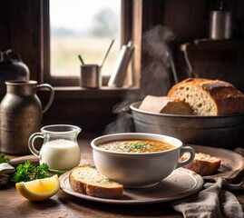 Lentil soup served with lemon wedges and bread