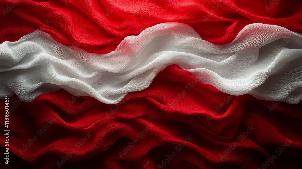 Poster Abstract flowing silk fabric in red and white creating a dynamic pattern with gentle waves