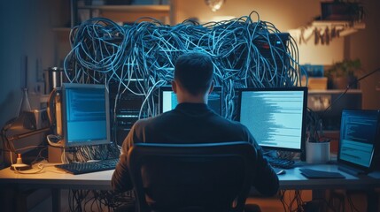 Computer technician organizing and managing cables in a server room, showcasing back view of expert handling network connections for it infrastructure and high-tech system maintenance
