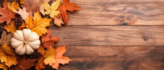 Obraz premium Autumn Harvest White Pumpkin Fall Leaves Pinecones on Rustic Wood Background