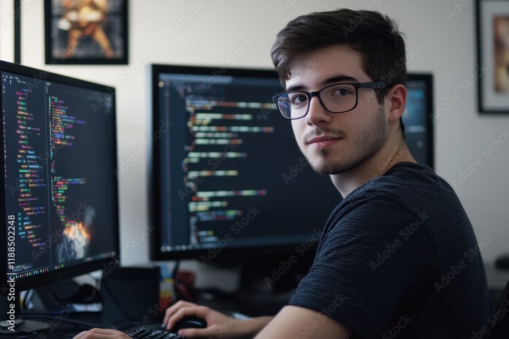 Poster young man coding at dual computer monitors in a home office during daytime hours