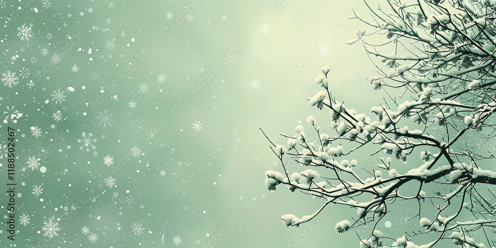 Poster an extremely detailed hand-drawn image of snow-adorned tree branches on a pale green background feat