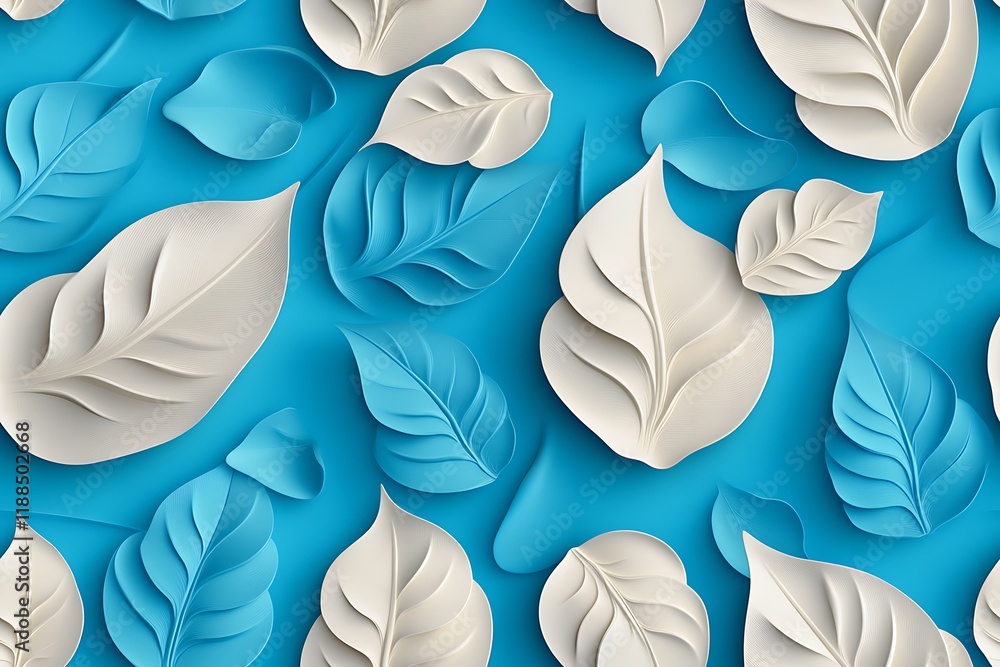 Poster seamless abstract decorative 3d leaves pattern background, abstract 3d leaf pattern on blue backgrou