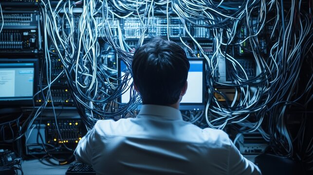 Computer technician organizing and managing cables in a server room, showcasing back view of expert handling network connections for it infrastructure and high-tech system maintenance - Powered by Adobe