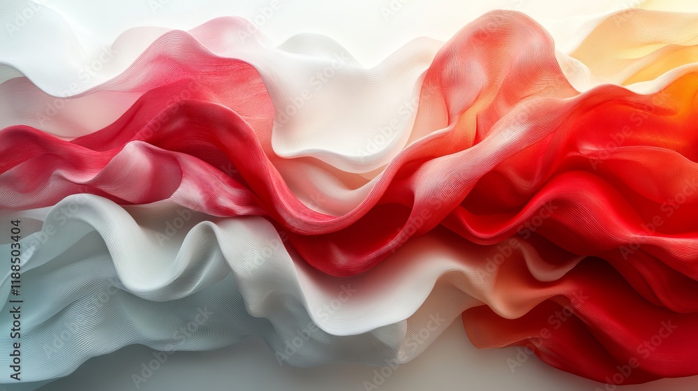 Poster abstract flowing fabric with vibrant red, white and orange tones, creating a dynamic and visually ca