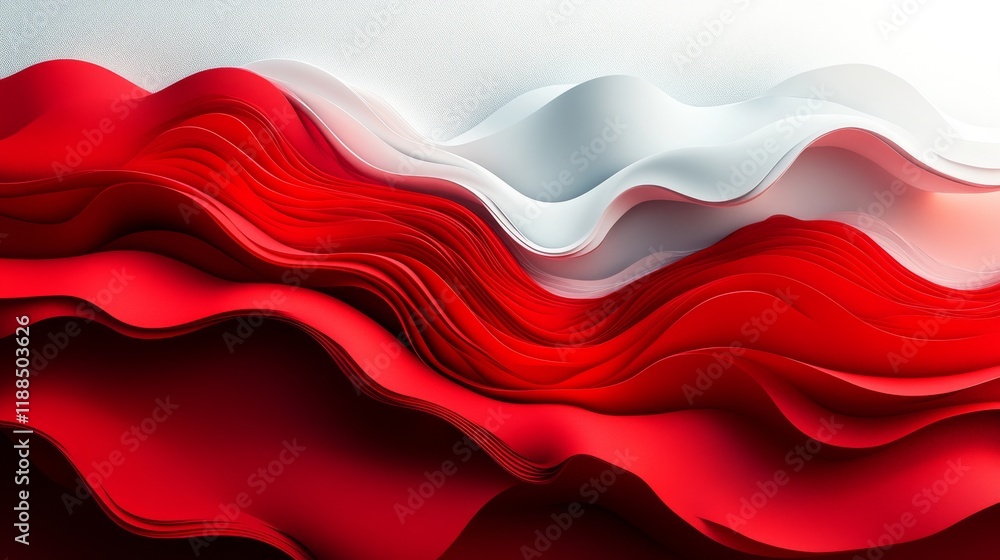 Poster abstract flowing layers of red and white create a dynamic and elegant 3d wave pattern against a text
