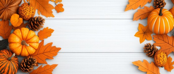 Obraz premium Autumn Harvest Pumpkins Fall Leaves and Pine Cones on White Wood
