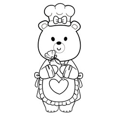 Sweet Chef Teddy Doodle Line Art Illustration