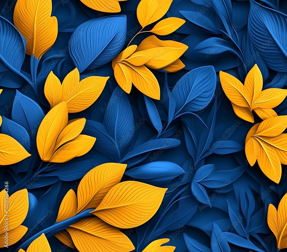 Poster seamless abstract decorative 3d leaves pattern background, vibrant 3d leaf pattern with blue and yel
