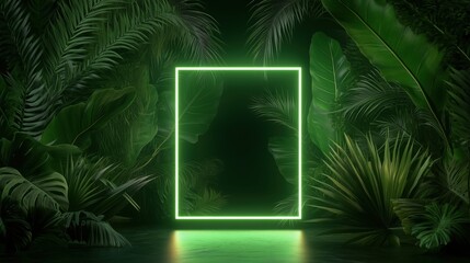 Colorful nature concept background, Neon colorful of tropical leaves with green neon frame, with copy space.