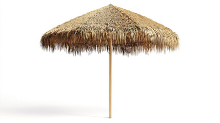 Straw Beach Umbrella, Isolated on White Background, Showcasing a Natural Woven Texture and Tropical Vibes, Ideal for Summer-Themed Designs, Vacation Concepts, and Relaxation Visuals