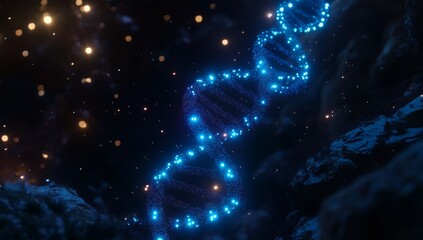 Glowing blue DNA strand in dark space.