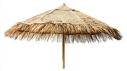 Straw Beach Umbrella, Isolated on White Background, Showcasing a Natural Woven Texture and Tropical Vibes, Ideal for Summer-Themed Designs, Vacation Concepts, and Relaxation Visuals