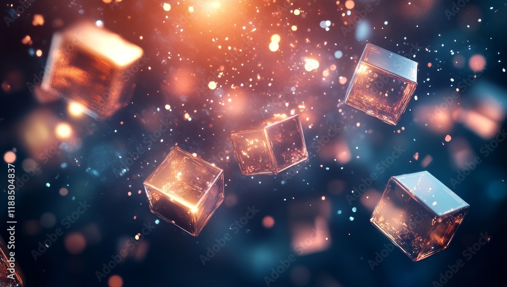 Aufkleber glowing metallic cubes levitate in dark space with bokeh effect.