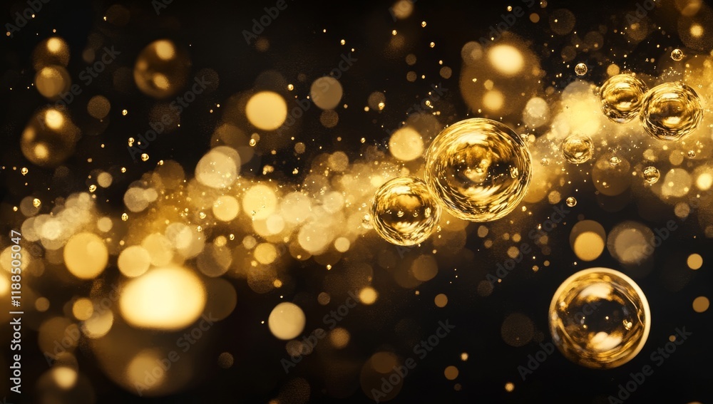 Poster Golden bubbles floating on dark background with bokeh lights.