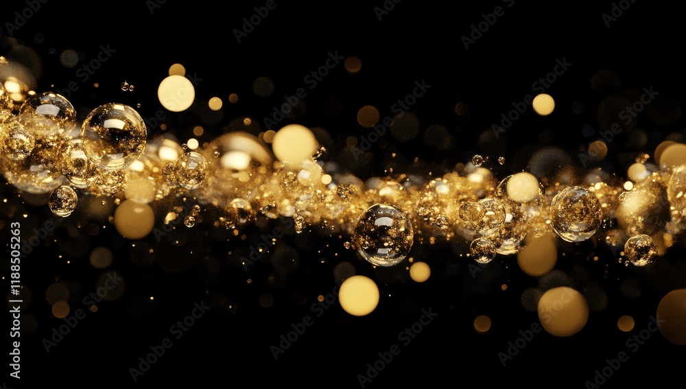 Poster golden bubbles and bokeh lights flowing on black background.