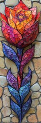 Magnificent Glass Mosaic Tulip Artwork on Stone Wall