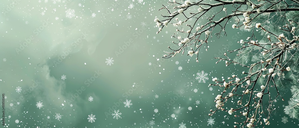 Poster an extremely detailed hand-drawn image of snow-adorned tree branches on a pale green background feat