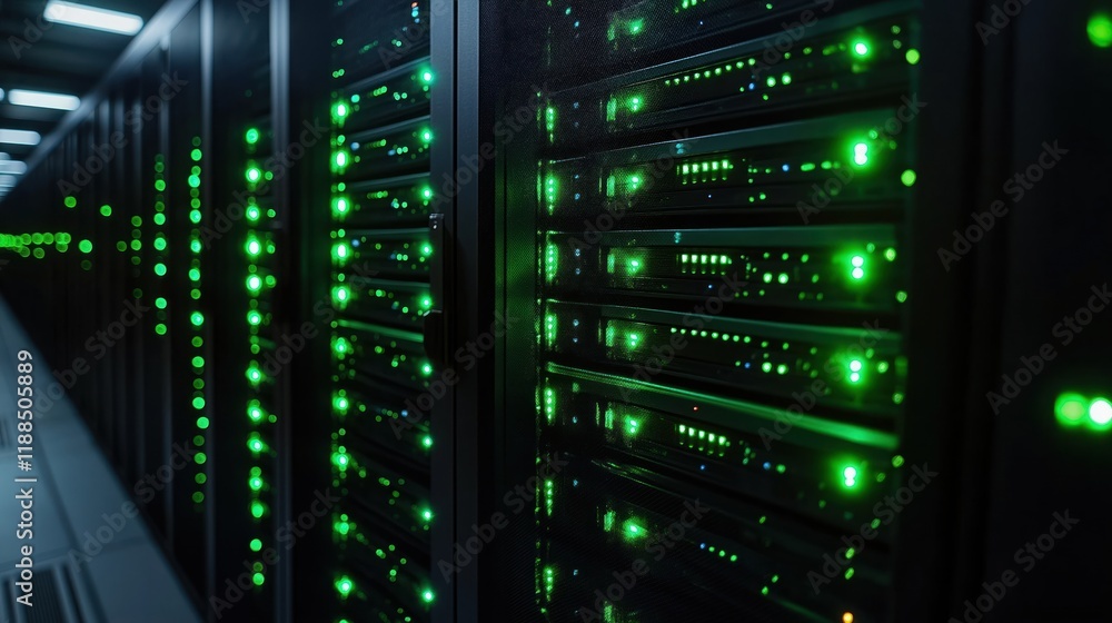 Poster dark tech room. server racks with glowing green lights. data center equipment. high tech infrastruct