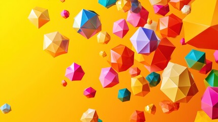Colorful abstract geometric shapes floating on yellow background.