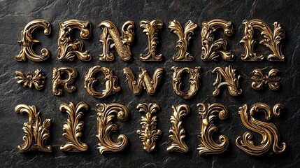 Gold ornate letters, vintage font on dark surface.