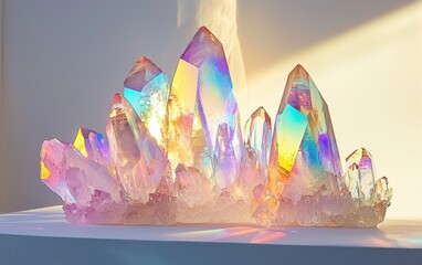 A radiant ice-like crystal formation with subtle rainbow reflections, placed on a bright white backdrop