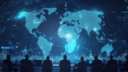 A virtual meeting between global business leaders using advanced video conference technology illustrations