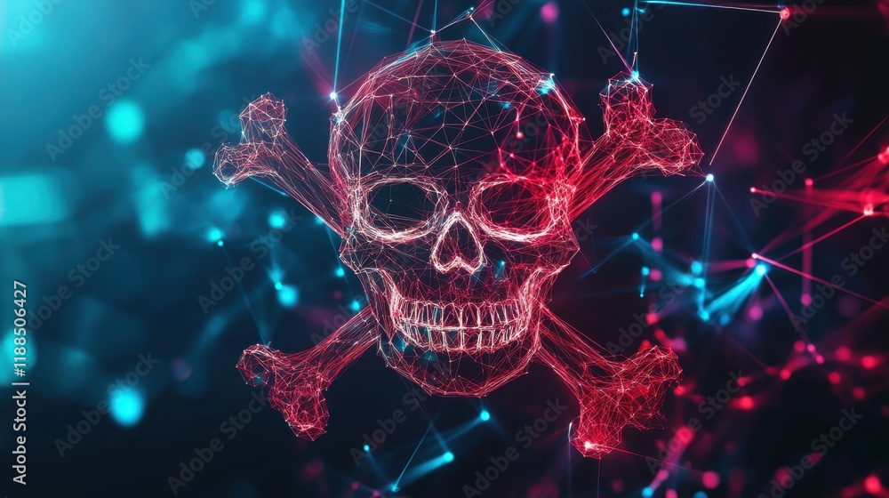 Poster digital skull and crossbones symbol in abstract tech background