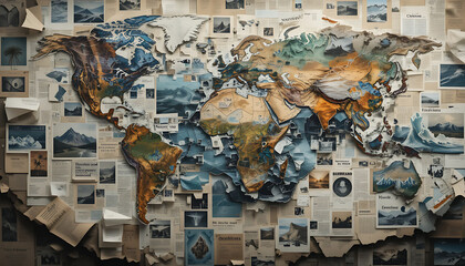World map collage with vintage geographical imagery