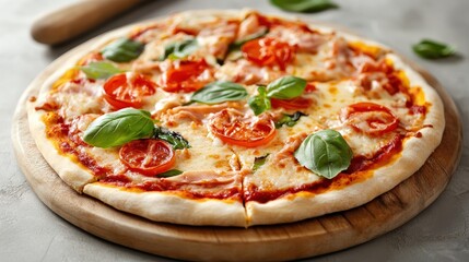 Gourmet Italian Recipes Delicious Pizza with Cheese Fresh Tomatoes and Basil Leaves Perfect for Culinary Enthusiasts and Food Photography Projects Featuring Vibrant Colors and Textures
