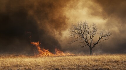 Fototapeta premium Desolate Tree Surrounded by Fiery Flames and Dark Smoke Clouds