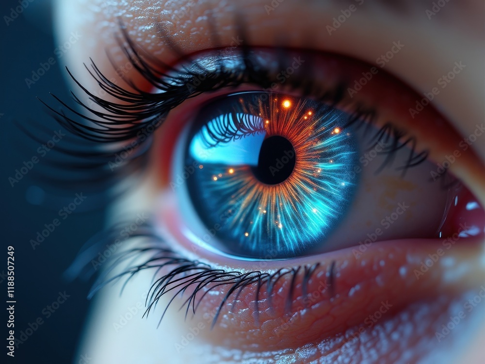 Poster close-up of a mesmerizing eye with vibrant colors and intricate details reflecting light in a dark b
