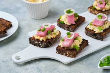 Appetizer, mini sandwiches on rye bread with egg salad, pickled herring and green onions on a white ceramic serving board on a gray concrete background. Sandwich recipes.
