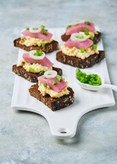 Appetizer, mini sandwiches on rye bread with egg salad, pickled herring and green onions on a white ceramic serving board on a gray concrete background. Sandwich recipes.